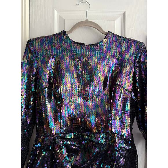 Alex Perry Iris Petrol Blue Sequins Shoulder Pads Draped Mini dress US size 10 - Picture 9 of 14